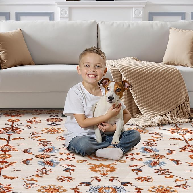 Tangsoo Washable Runner Rug for Hallway Non Slip, 2x6 Boho Floral Vintage Carpet Runner Rugs for Entryway, Floor Low Pile Runners for Kitchen Bathroom Laundry Bedroom Alfombra Orange Farmhouse
