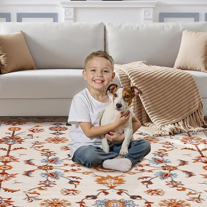 Tangsoo Floral Small Rug 2x3 Washable Rug for Entryways Vintage Non-Slip Area Rugs Orange Entry Rugs Distressed Floor Carpet Soft Low Pile Door Mat for Entrance Bedroom Kitchen Foyer Decor