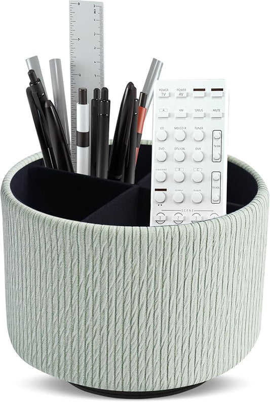 Round Leather Art Supply Organizer,Remote Control Holder,360 Degree Spinning,Multi-Functional Pencil Holder,4 Compartments Desktop Stationary Organizer(1-Wood Green2)