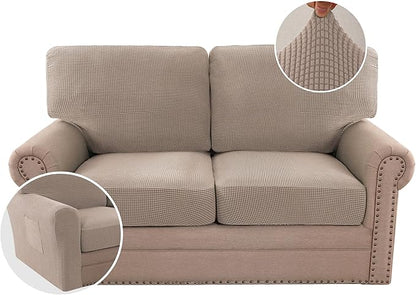 H.VERSAILTEX Multi-Pieces Sofa Covers Stretch Couch Covers Form Fitted Seats and Back Cushions Covers (2 Seat Covers Plus 2 Back Cusion Covers, Bonus 2 Armrest Covers), Sand