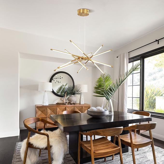 Modern Gold Chandelier,12 Lights Linear Pendant Light Fixtures LED Chandeliers for Dining Room Farmhouse Hanging Light for Bedroom,Living Room,Kitchen Island