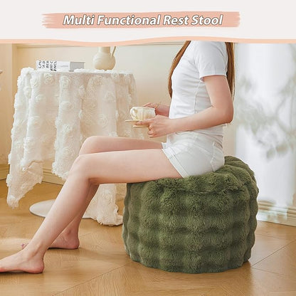 LIFEREVO Faux Rabbit Fur Round Inflatable Pouf Ottoman, 20" X 16" Plush Fuzzy Waffle Bubble Floor Poufs Foot Rest for Living Room Bedroom, Furry Pouf Foot Stool Home Decor, Anti-Slip, Sage Green