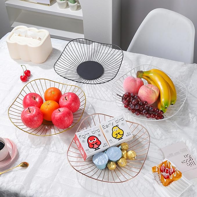 IBWell Short Curved-Edge Modern Creative Stylish Single Tier Dish,Metal Iron Wire Fruit Vegetables Bread Decorative Stand Serving Bowls Basket Holder (Square Dish) (Pink)