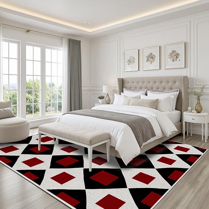 Plaid Rug 7x10, Vintage Geometric Soft Ultra Soft Faux Wool Low Pile Rug, Indoor Floor Mats Carpet, Non-Slip Stain Resistant Washable Rugs, Modern Red Rugs for Living Room Home Office Decor