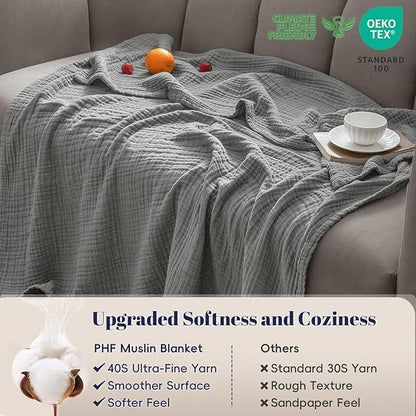 PHF 100% Cotton Muslin Throw Blanket 50" x 60", 4-Layer Lightweight Gauze Throw, Breathable Cloud-Soft Minimalist Blanket for Bed, Couch, Camping & Baby, Grey, Ideal Gift