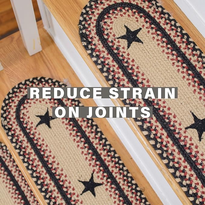 Homespice Primitive Star Gloucester Jute Braided Stair Tread, Warm Primitive Decor, Set of 13, Black and Red 8x28 Rectangle Rug for Stairs - Easy to Clean, Tightly Stitched and Durable