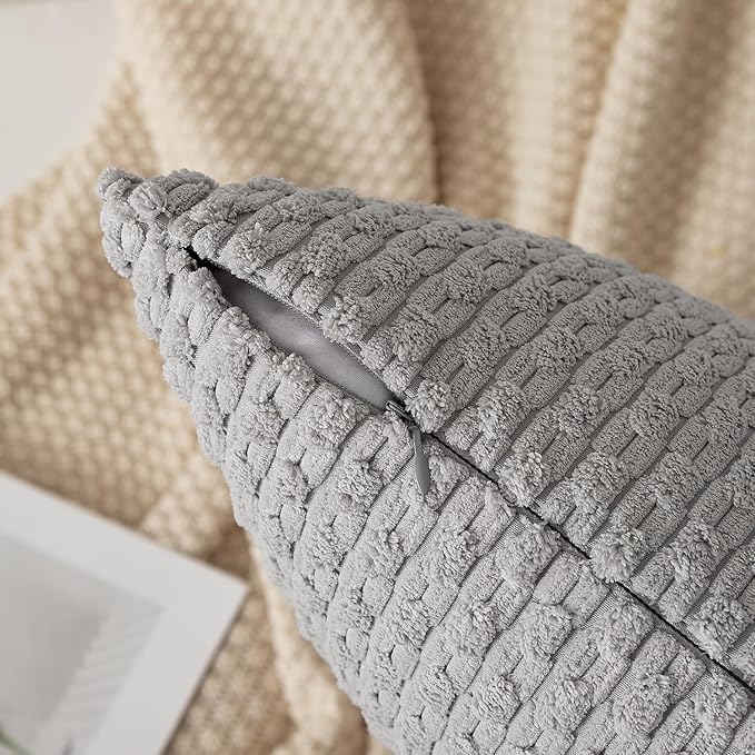 Kevin Textile 14x20 Inch Pillow Cover 1 Pack Boho Decorative Soft Striped Corduroy Lumbar Farmhouse Solid Color Accent Rectangle Cushion Case for Living Room Couch Sofa Bed, Light Grey