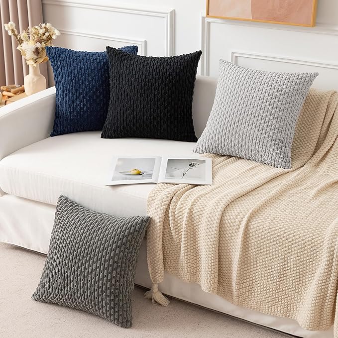 Kevin Textile Pack of 2 Corduroy Decorative Throw Pillow Covers 26x26 Inch Soft Boho Striped Pillow Covers Modern Farmhouse Home Decor for Spring Sofa Living Room Couch Bed Navy Blue