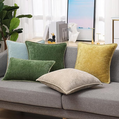 decorUhome Spring Chenille Soft Throw Pillow Covers 16x16 Set of 2, Farmhouse Velvet Neutral Decorative Pillow Covers with Stitched Edge for Couch Sofa Bed Home Decor, Mineral Yellow