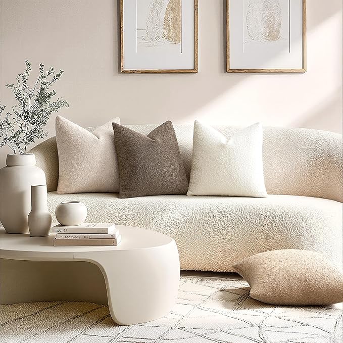 ANRODUO Pack of 2 Textured Boucle Throw Pillow Covers Soft White Euro Decorative Accent Solid Pillow Cases Cozy Modern Couch Cushion Case for Chair Sofa Bedroom Living Room Home Decor, 24 x 24 Inch