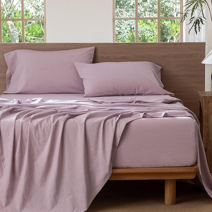 MooMee Bedding Sheet Set 100% Washed Cotton Linen Like Textured Breathable Durable Soft Comfy (Heathered Light Purple, Full)