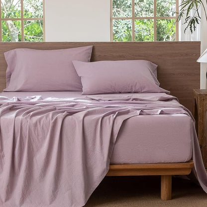 MooMee Bedding Sheet Set 100% Washed Cotton Linen Like Textured Breathable Durable Soft Comfy (Heathered Light Purple, Full)