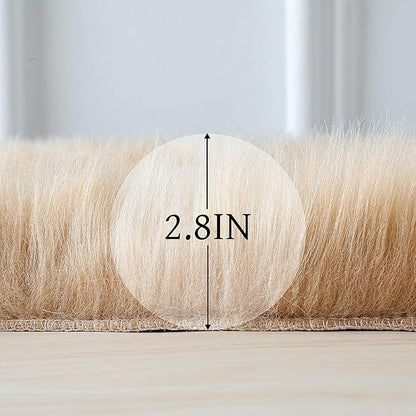 Faux Fur Rug Sheepskin Shag Fluffy Fuzzy Beige 2x3 ft Small Rugs for Bedroom Bedside Bed Floor Living Room Plush High-Density Cushion Carpet Super Sofa Cover