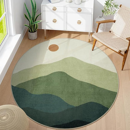 4ft Abstract Round Rug,Soft Washable Non-Slip Mountain Circle Classroom Rug,Chic Stain Resistant Low-Pile Throw Rugs for Entryway/Bedroom/Nursery/Living Room(Green)