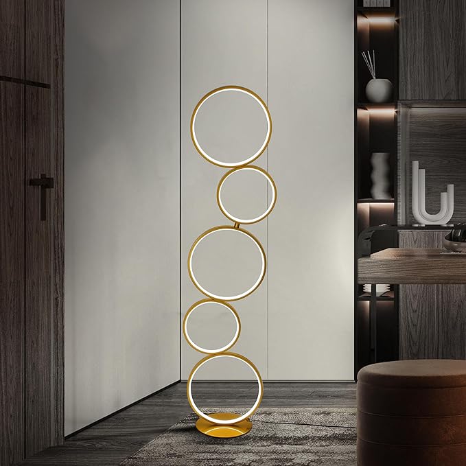 COSYLUX LED Modern Floor Lamp for Bedroom, 3 Way Bright Dimmable Corner Floor lamp with 5-Ring 2-in-1 Standing Tall End Table Lamp for Living Room & Office Reading Light, 3260LM, 6000K, Gold.