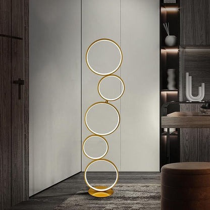 COSYLUX LED Modern Floor Lamp for Bedroom, 3 Way Bright Dimmable Corner Floor lamp with 5-Ring 2-in-1 Standing Tall End Table Lamp for Living Room & Office Reading Light, 3260LM, 6000K, Gold.
