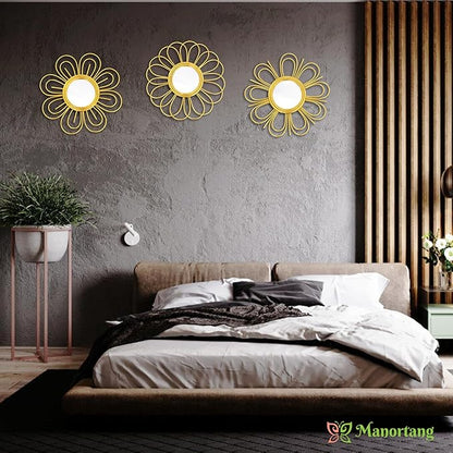 Gold Mirrors 3 Piece, 9 inch Flower-Shaped Mirror Hanging Wall Decor, Christmas Decorative Mirror Wall Art, Round Mirrors for Bedroom,Living Room,Bathroom, House Warming