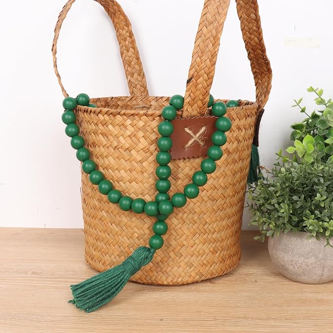 St Patrick's Day Wood Beads Garland with Tassels Farmhouse Beads Rustic Prayer Beads Boho Beads for Boho Home Decor,Wall Hanging Decoration (Deep Green)