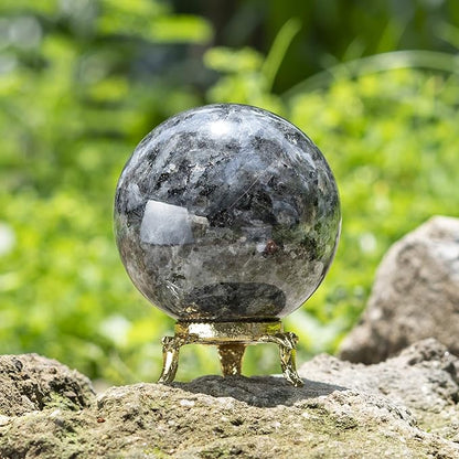 Crocon 50mm Larvikite Stone Sphere Ball with Metal Stand 1400+ Carats Gemstone Ball Healing Sphere Sculpture Figurine for Fengshui Divination Home Decoration Photography Crystal Sphere