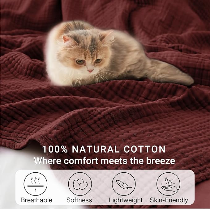100% Cotton Muslin Blanket Queen 90" x 90", 6 Layers Breathable and Lightweight Cotton Throw Blankets for Bed, Soft Cooling Summer Gauze Blanket for Adults All Season, Burgundy