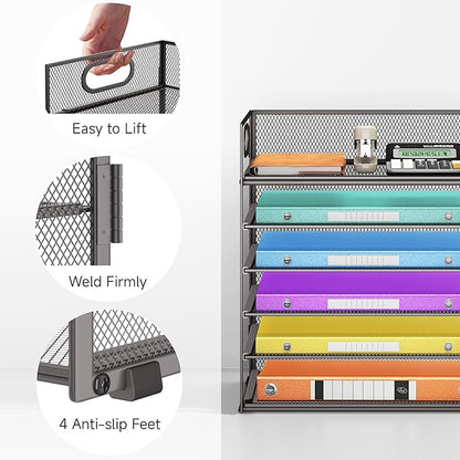 6 Tiers Letter Tray Paper Organizer With Handle, Mesh Desk File Organizer, Metal Desktop Document Shelf, Paper Sorter for Office, Home or School File Folder Holder - Grey