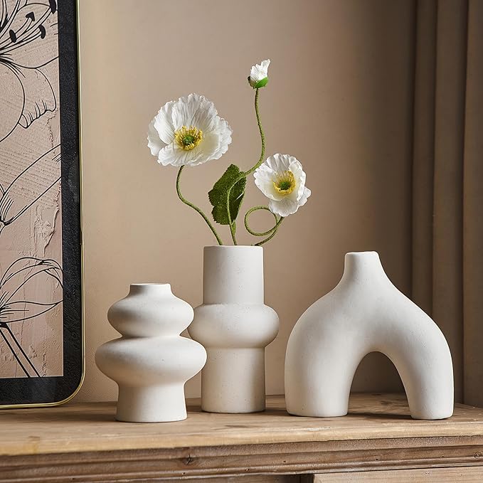 Ceramic Farmhouse Vase Set of 3, Rustic Centerpiece Vases for Fresh Dried Flowers Pampas Grass Bouquets, Boho Home Decor for Living Room Kitchen Entryway Table Mantel, Wedding Decor