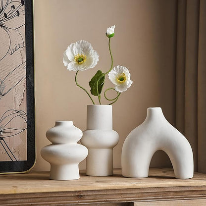 Ceramic Farmhouse Vase Set of 3, Rustic Centerpiece Vases for Fresh Dried Flowers Pampas Grass Bouquets, Boho Home Decor for Living Room Kitchen Entryway Table Mantel, Wedding Decor