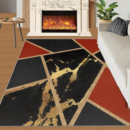Black Gold Marble Area Rug Modern Abstract Marble Rug Polygonal Geometric Patchwork Carpet 3D Light Luxury Geometric Line Carpet for Living Room Playroom 6x9ft