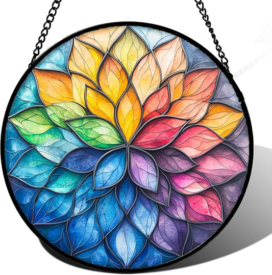 DASTOLL Stained Glass Window Hanging, Colorful Flower Petals Sun Catchers Diamond Glass Panel Hangings Suncatcher Decor for Birthday for Women, Men, Wife, Aunt, and Mom 14.9x14.9 in