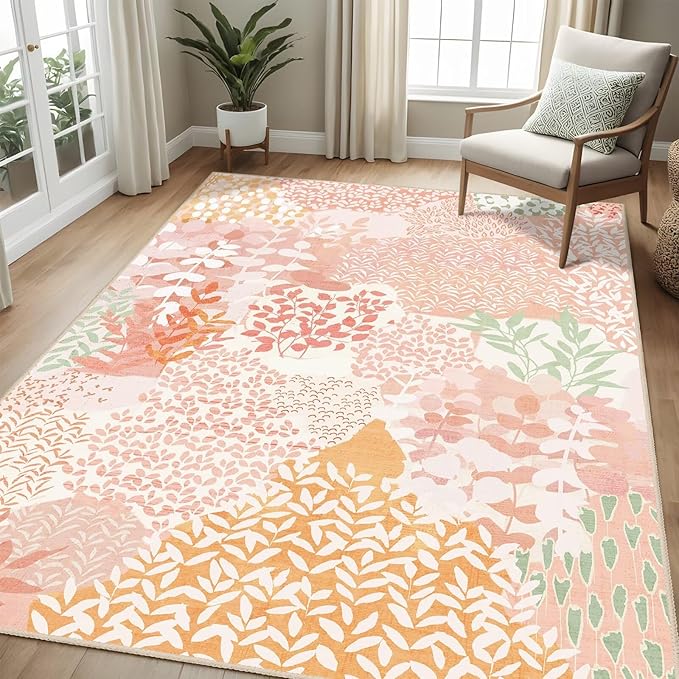 DEXDE Washable Area Rug 3x5 for Living Room, Abstract Small Boho Rugs Non Slip Soft Kids Room,Vintage Leaves Floral Carpet for Bedroom Entryway Kitchen Office Dining Room, Pink