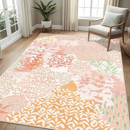 DEXDE Washable Area Rug 3x5 for Living Room, Abstract Small Boho Rugs Non Slip Soft Kids Room,Vintage Leaves Floral Carpet for Bedroom Entryway Kitchen Office Dining Room, Pink