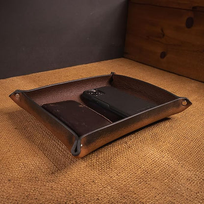 Valet Tray – Full-Grain Leather Catchall Organizer for Keys, Phone & Wallet – Rustic Nightstand & Desk Tray with Raised Sides – Handmade in USA (Vintage Brown, Medium Rectangle)