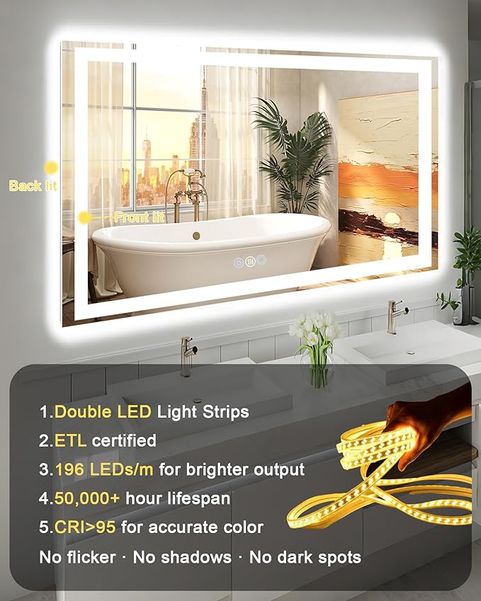 32"x 40" LED Bathroom Mirror, 3 Colors Vanity Mirror with Lights, Front and Backlit Bathroom Mirror with Lights, LED Smart Mirror for Wall, Tempered Glass, Anti-Fog, Stepless Dimmable, Memory(ETL)