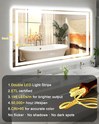 20"x 28" LED Bathroom Mirror, 3 Colors Vanity Mirror with Lights, Front and Backlit Bathroom Mirror with Lights, LED Smart Mirror for Bathroom, Tempered Glass, Anti-Fog, Stepless Dimmable, Memory(ETL)