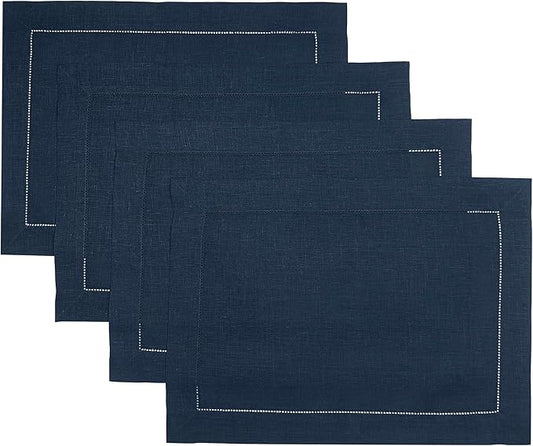D'Moksha Homes Linen Placemats Set of 4 - Classic Hemstitch Navy Blue Placemats 14 x 19 Inch - 100% Pure Linen Table Mats for Winter, Holiday, New Year - Handcrafted and Machine Washable