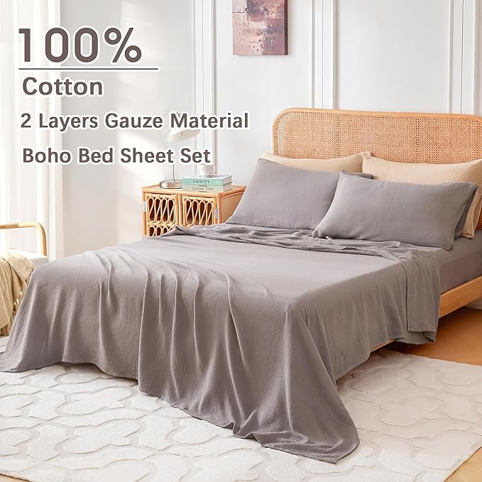 King Sheet Set Cotton Bed Sheets Gauze 4 Pcs Grey King Sheets Set 16" Deep Pocket Sheet & Pillowcase Sets Boho Muslin King Sheets Soft King Bedding Sets for All Season