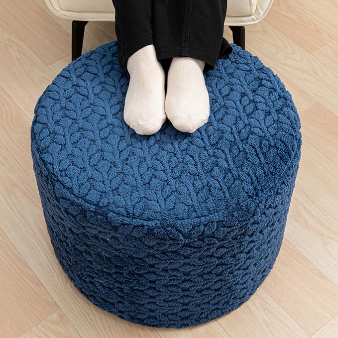 Round Pouf Ottoman Stuffed 20 x 20 x 14 Inches Boho Poof Foot Stool Home Decor Floor Pouffe Ottoman Foot Rest for Couch Sofa Bean Bag Chairs Living Room Bedroom (Navy Blue)