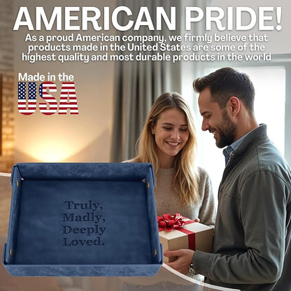 Engraved PU Leather Valet Tray for Couples – Personalized Catchall with Custom Name – Organizer for Keys, Wallet, Jewelry – Romantic Gift – Blue