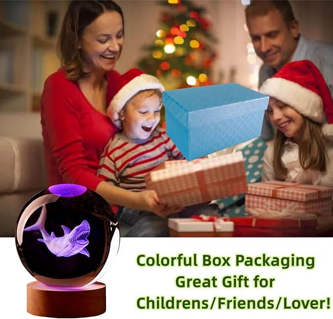 Large Shark Crystal Ball Night Light with Woodern Base, 3D Crystal Lamp 16 Color Changing with Remote Control, Laser Engraved Glass Ball Lamp, Room Decor (Shark)