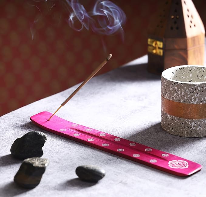 Bless-International Traditional-Handmade-Burner Wooden-Incense-Stick-Holder Ash-Catcher-Stand for-Aromatherapy-Meditation-Yoga (Heart Pink) 10 Inches, Pack of 2