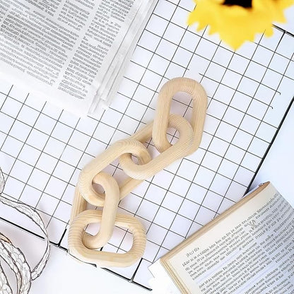 Wood Chain Link Decor, 5-Link Wooden Decorative Chain Ornament, Hand Carved Rustic Farmhouse Home Decor for Living Room, Shelves, Coffee Table (Natural)
