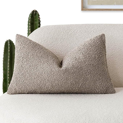 Foindtower Decorative Textured Boucle Throw Pillow Covers Accent Solid Lumbar Pillow Cases Neutral Soft Cozy Couch Cushion Case for Chair Sofa Bedroom Living Room Home Decor 12x20 Inch,1PC,Light Taupe