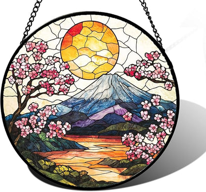 Stained Glass Window Hanging, Sun Blooming Cherry Blossoms Suncatcher Diamond Glass Panel Sun Catchers Decor for Birthday for Women, Men, Wife, Aunt, and Mom 11.8x11.8 in