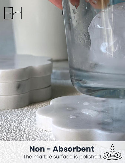 Marble Coasters Set of 4 - Natural Stone Coaster for Drinks, Modern Cup Holders, Bar Coffee Table Desk Decor, Cool Home Decor 4" (Calacatta White, Scalloped Round)