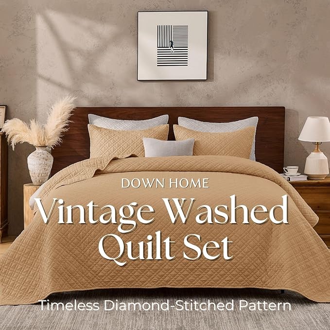 DOWN HOME Twin Quilt Set with Sham Lightweight Quilted Bedspread Coverlet Thin Comforter Bed Cover Vintage Washed Quilted Blanket for All Season, Brushed Microfiber Diamond Stitching, Brown, 66"x92"
