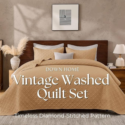 Cali King Quilt Set with Shams Lightweight Quilted Bedspread Coverlet Thin Comforter Bed Cover Vintage Washed Quilted Blanket for All Season, Brushed Microfiber Diamond Stitching, Brown, 111"x92"