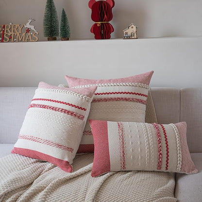 Valentines Pillow Covers 18x18 Inch Set of 2, Red Textured Boho Valentines Day Decoration Pillow Cases for Farmhouse Home Decor, Accent Cushion Cover for Sofa, Bed, Living Room, Bedroom
