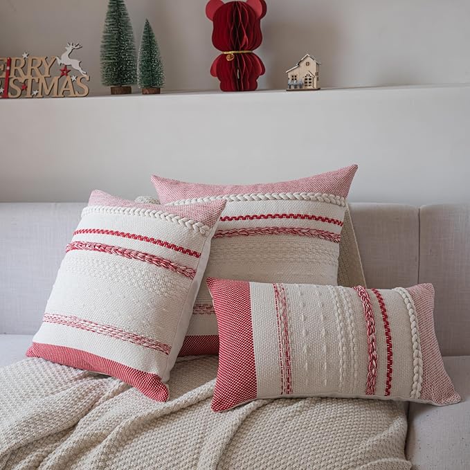 Valentines Pillow Covers 12x20 Inch Set of 2, Red Textured Boho Valentines Day Decoration Couch Pillow Cases for Farmhouse Home Decor, Accent Cushion Cover for Sofa, Bed, Living Room, Bedroom