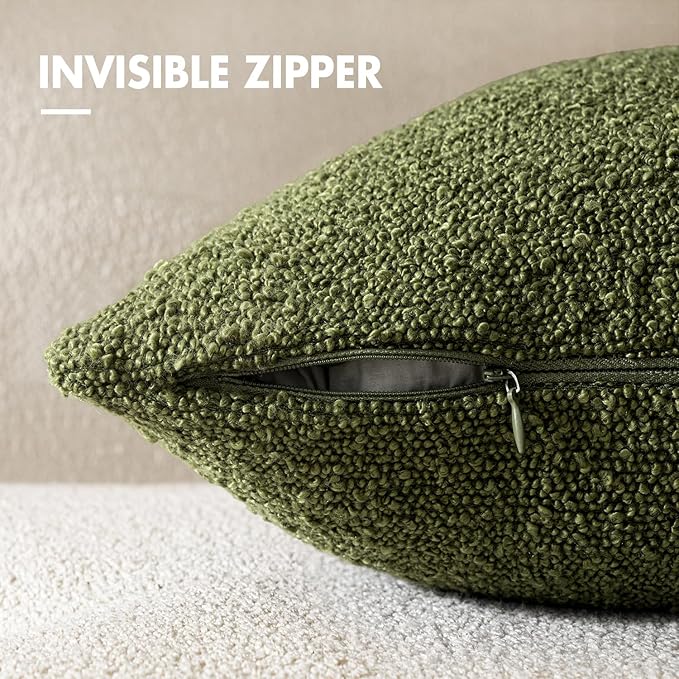 Woaboy Pack of 2 20x20 Inch Decorative Boucle Throw Pillow Covers Textured Square Pillowcaes Accent Solid Cozy Soft Cushion Covers Home Decor for Sofa Couch Living Room Home Decor,Olive Green