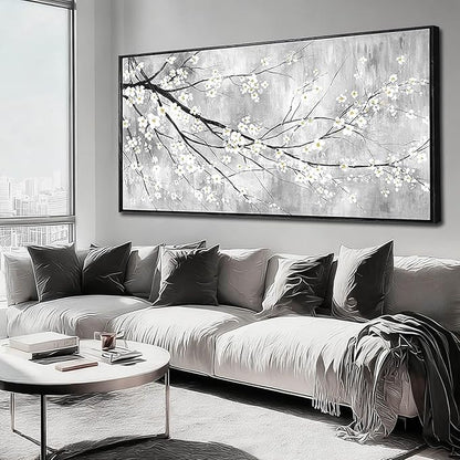 WINKAILIN Large 29"x58" White Black and Gold Plum Blossom Canvas Black Frame Wall Art Minimalist Flower Poster Decorative Artwork for Living Room Bedroom Office Kitchen Walls